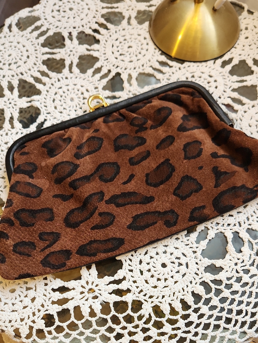 Vinyage Leopard Print Brown Suede and Leather Clutch Style Purse